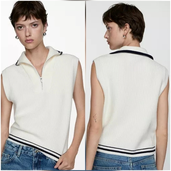 Mango, MNG New, White Stripe Preppy 1/2 Zip Knitted Sweater Vest, Size XXL - Picture 10 of 10